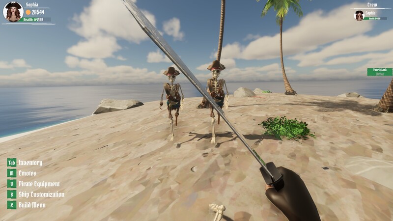 A pirate facing two armed skeleton enemies on a beach